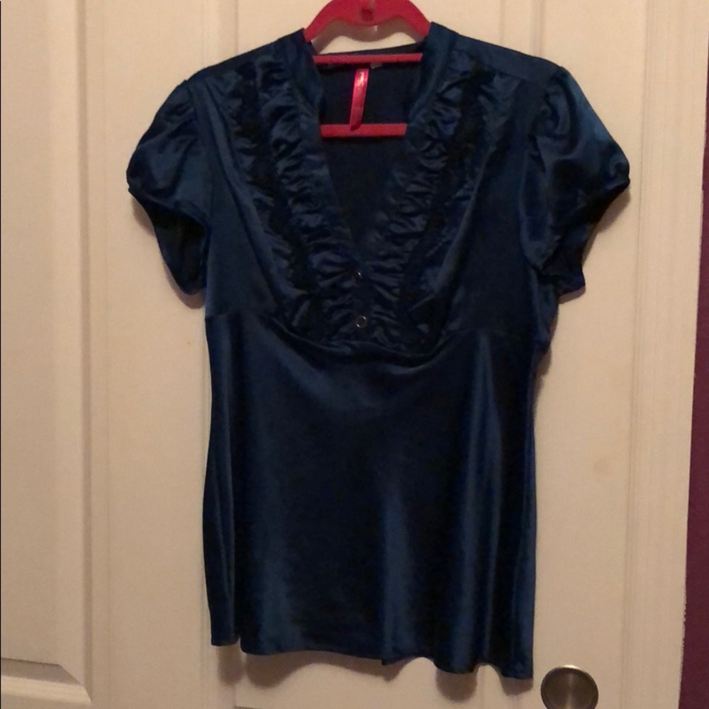 Blue Satin Short Sleeve Blouse